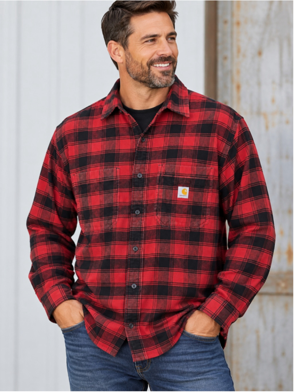 Carhartt Casual Button Down Shirt Red Black Plaid Men’s Size L